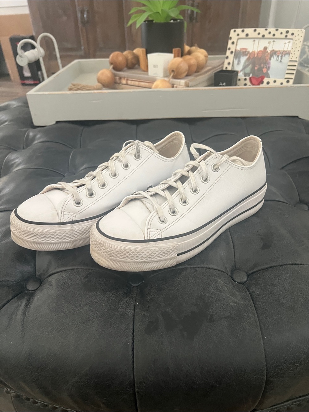 Converse White leather Low-Top Sneakers with Black Stripe.  Size 8